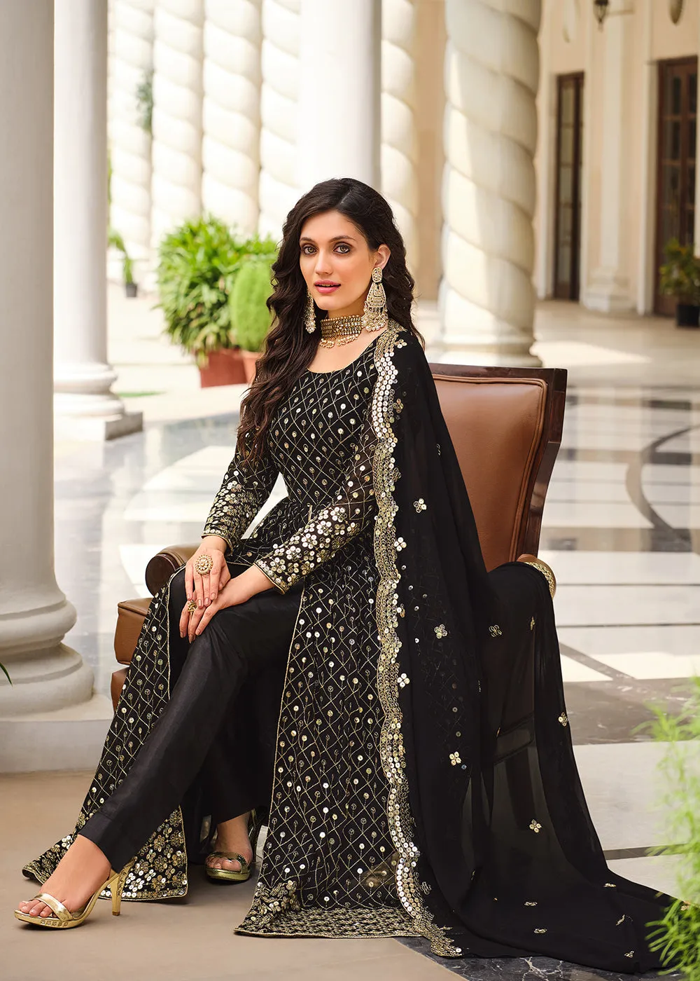 Supreme Black Sequins Wedding Pant Style Anarkali