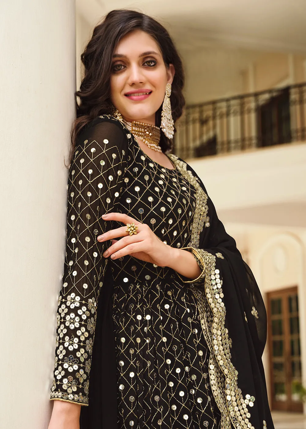 Supreme Black Sequins Wedding Pant Style Anarkali