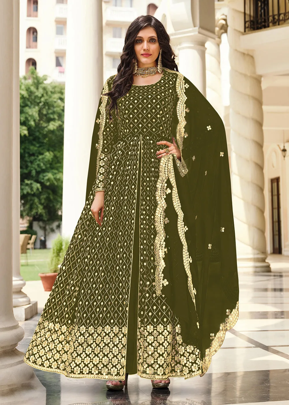 Supreme Green Sequins Wedding Pant Style Anarkali