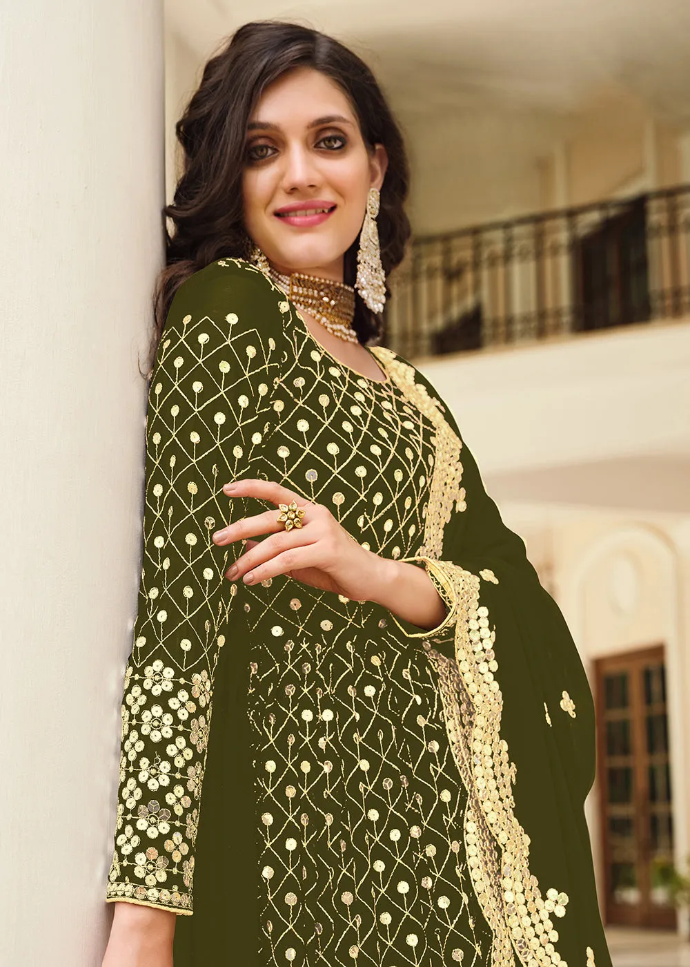 Supreme Green Sequins Wedding Pant Style Anarkali