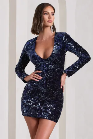 Tantalise | Navy Sequin Plunge-Neck Long-Sleeve Mini Dress