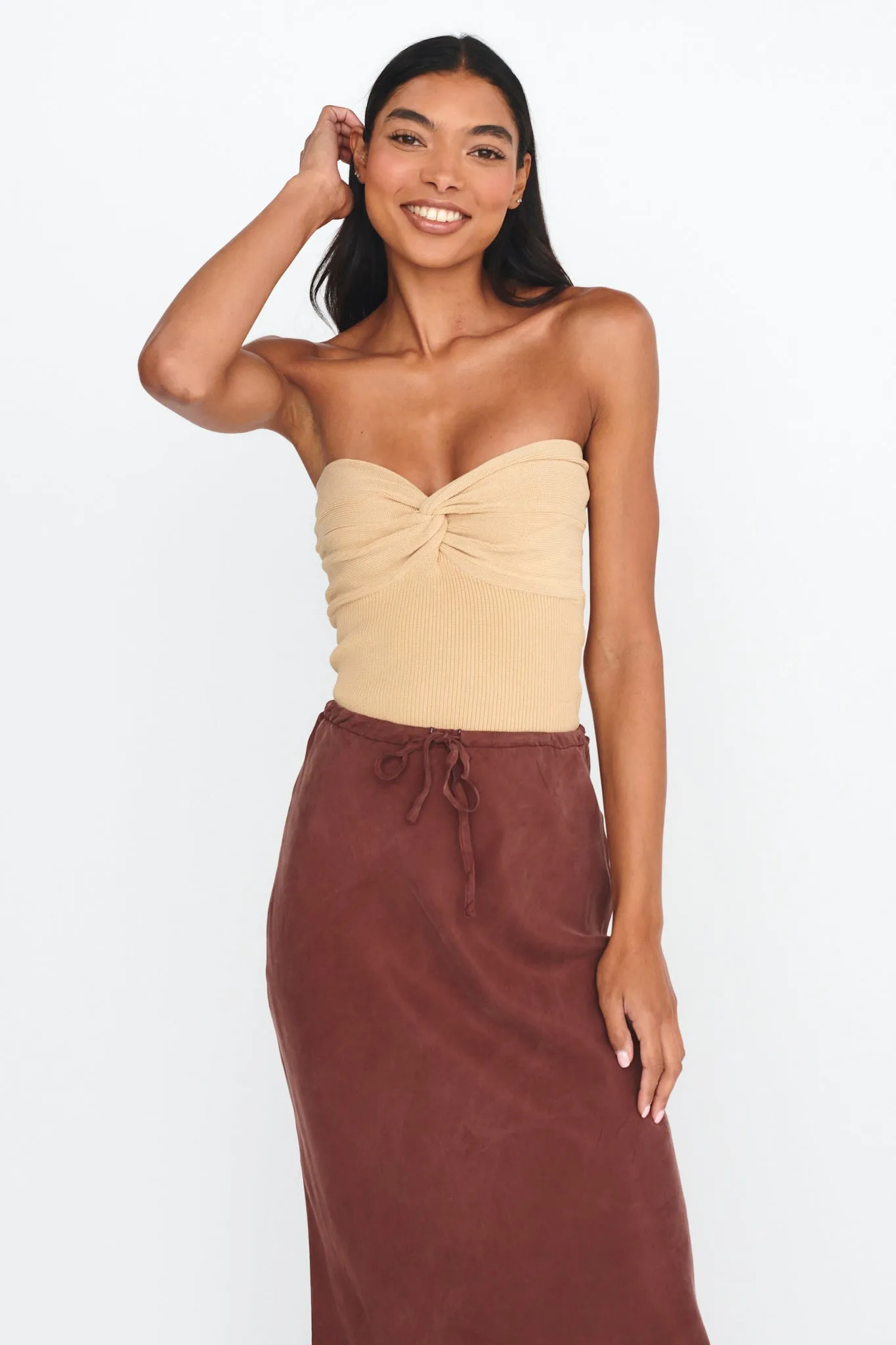 Teagan Strapless Ribbed Knit Top Beige