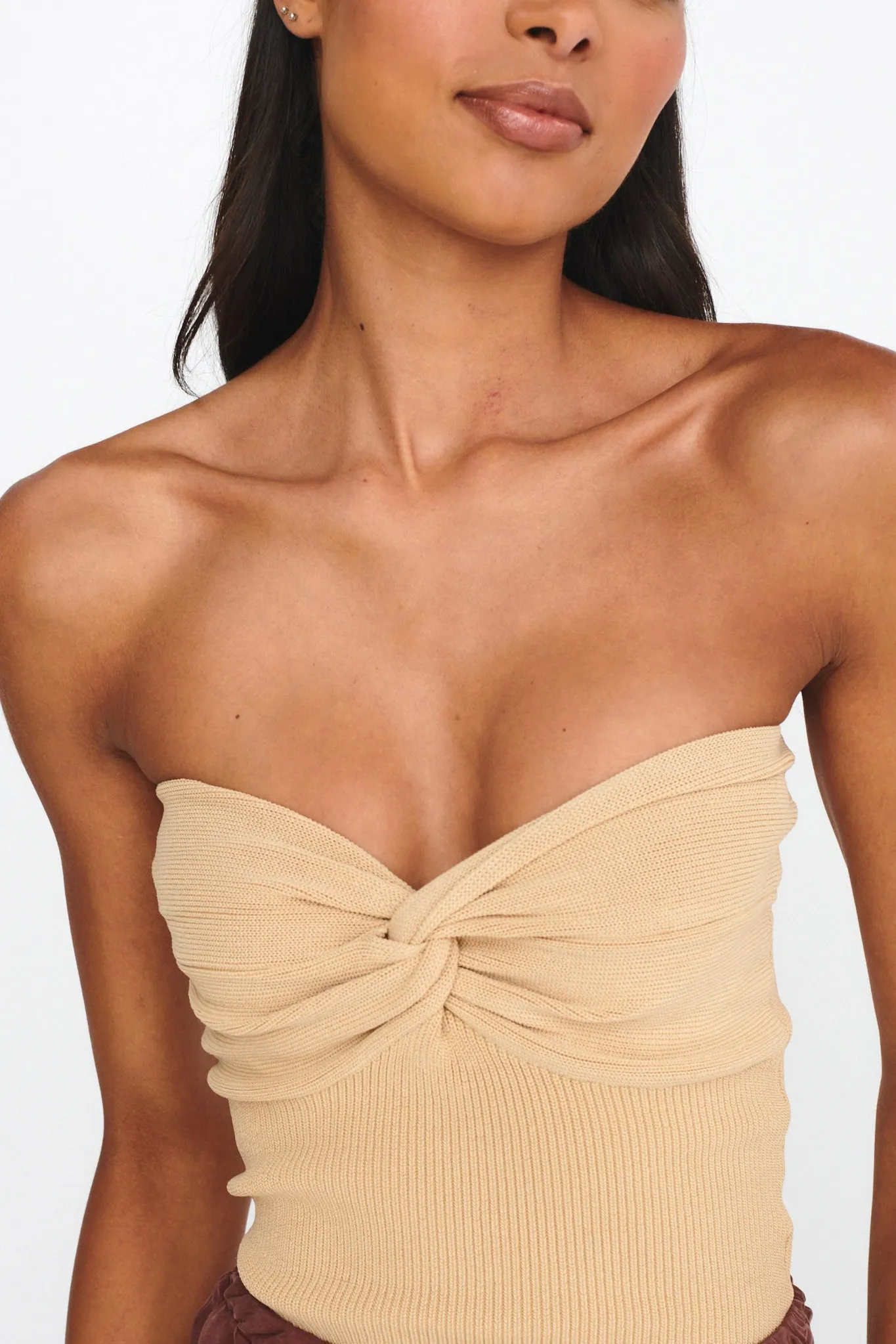 Teagan Strapless Ribbed Knit Top Beige