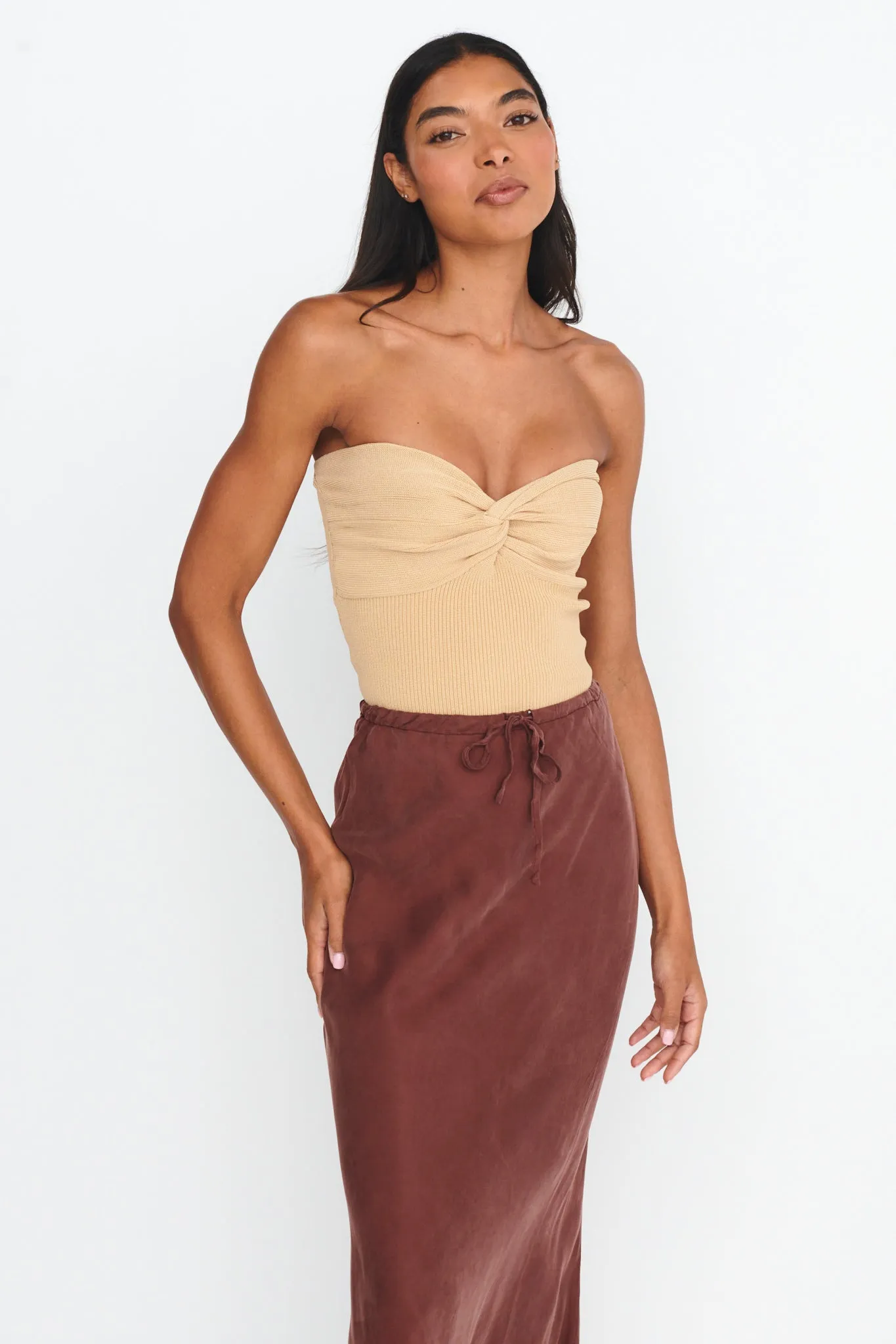 Teagan Strapless Ribbed Knit Top Beige