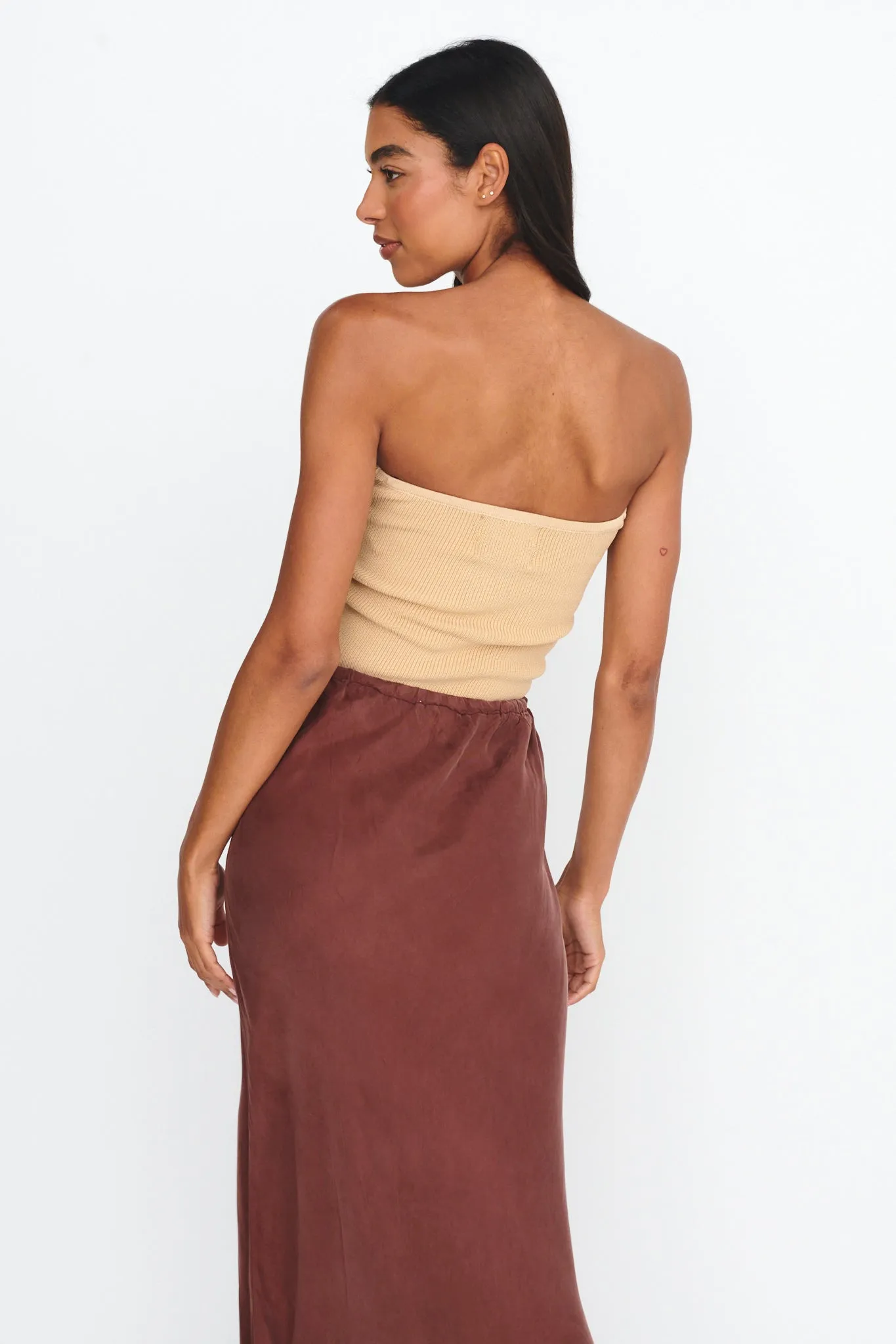 Teagan Strapless Ribbed Knit Top Beige