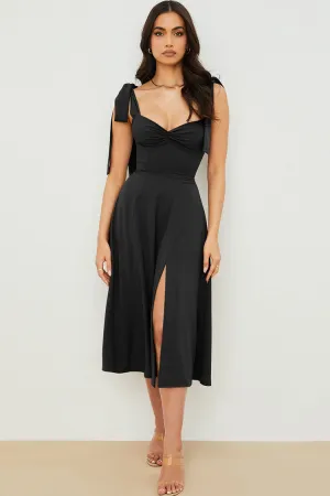 Tie Strap Fit & Flare High Slit Slip Midi Dress - Black