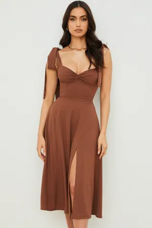 Tie Strap Fit & Flare High Slit Slip Midi Dress - Chocolate