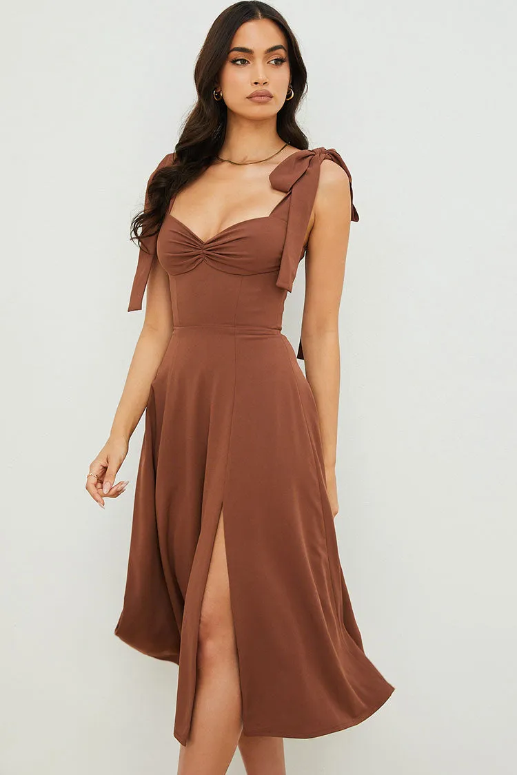 Tie Strap Fit & Flare High Slit Slip Midi Dress - Chocolate