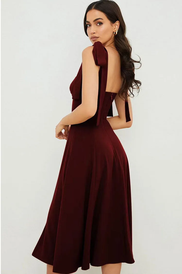 Tie Strap Fit & Flare High Slit Slip Midi Dress - Dark Wine