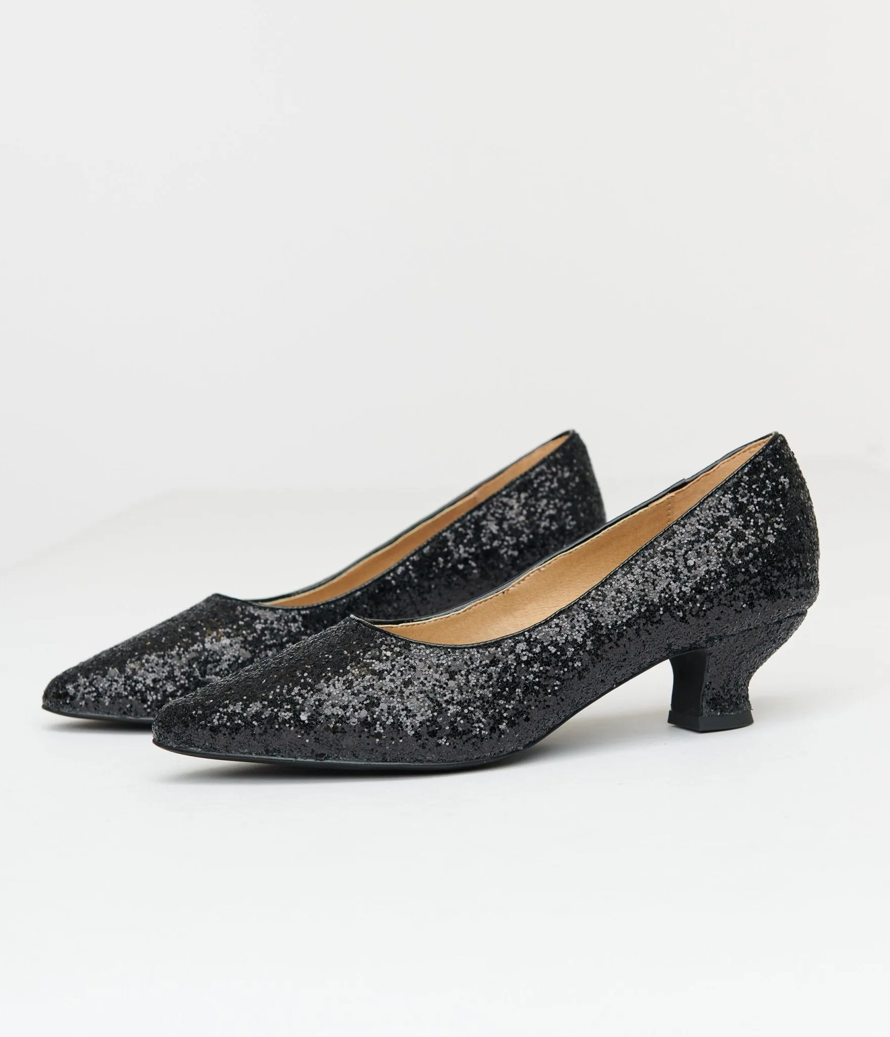 Unique Vintage 1950s Black Sparkle Pointed Kitten Heels