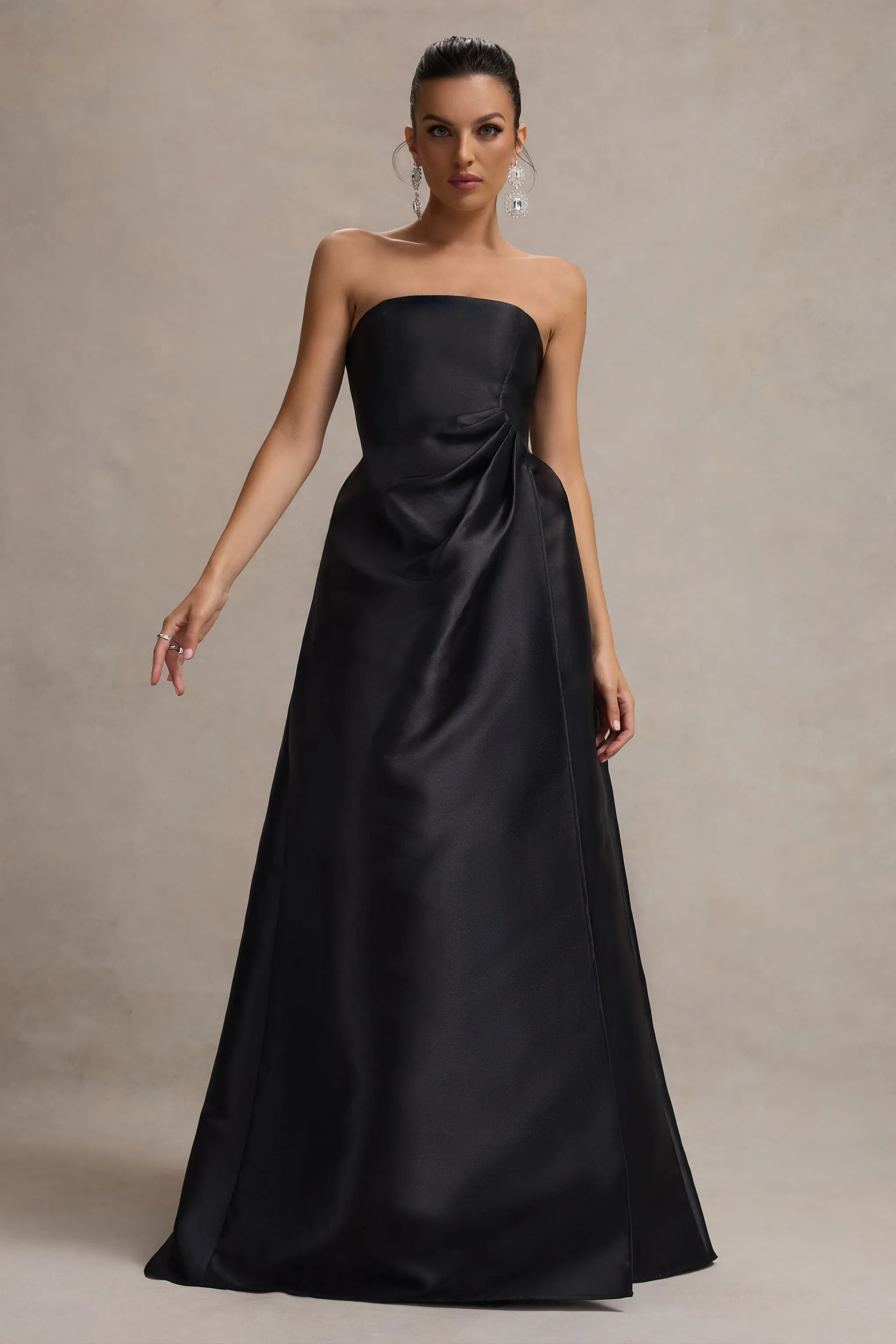 Universe | Black Bandeau Puff-Skirt Split Maxi Dress