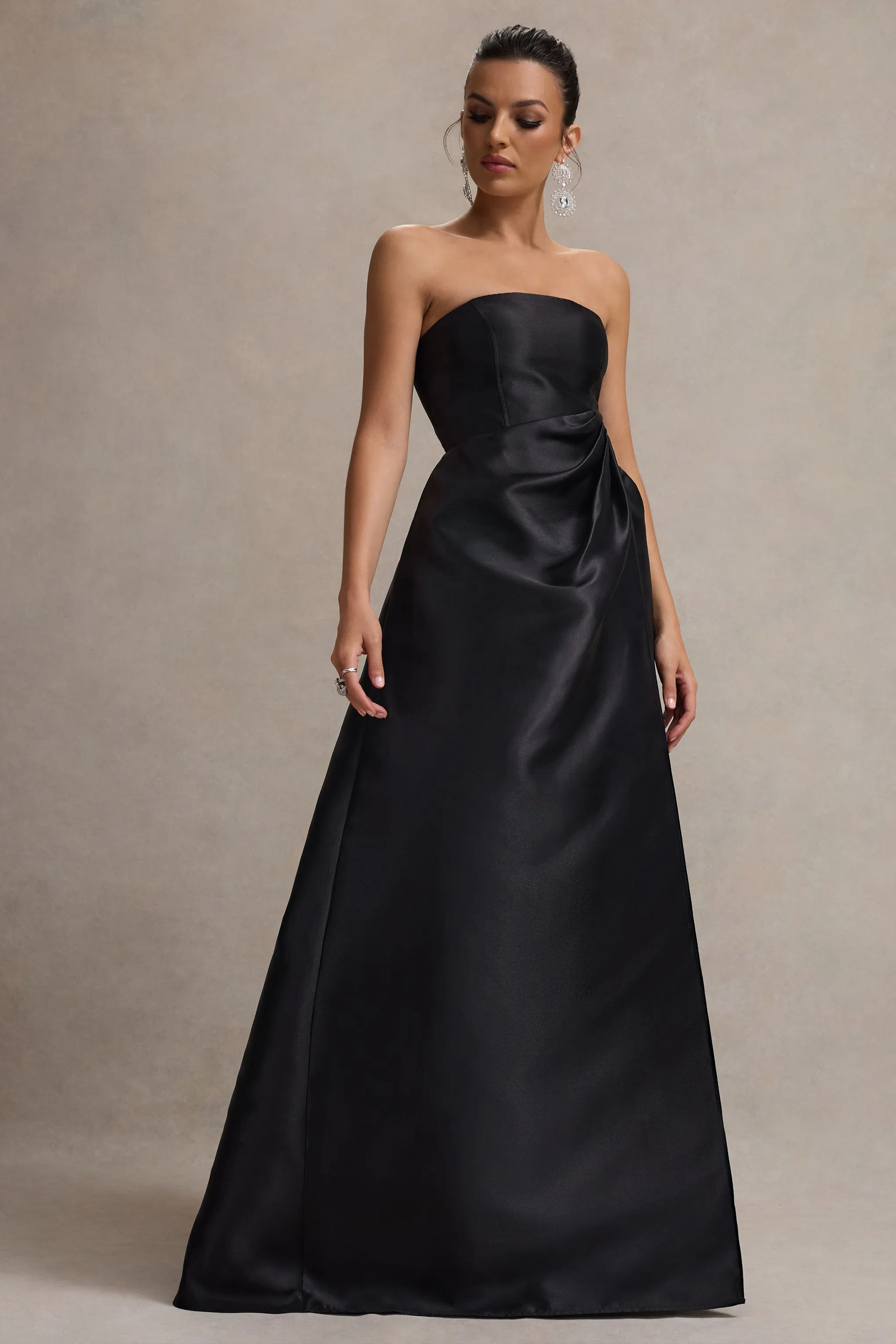 Universe | Black Bandeau Puff-Skirt Split Maxi Dress