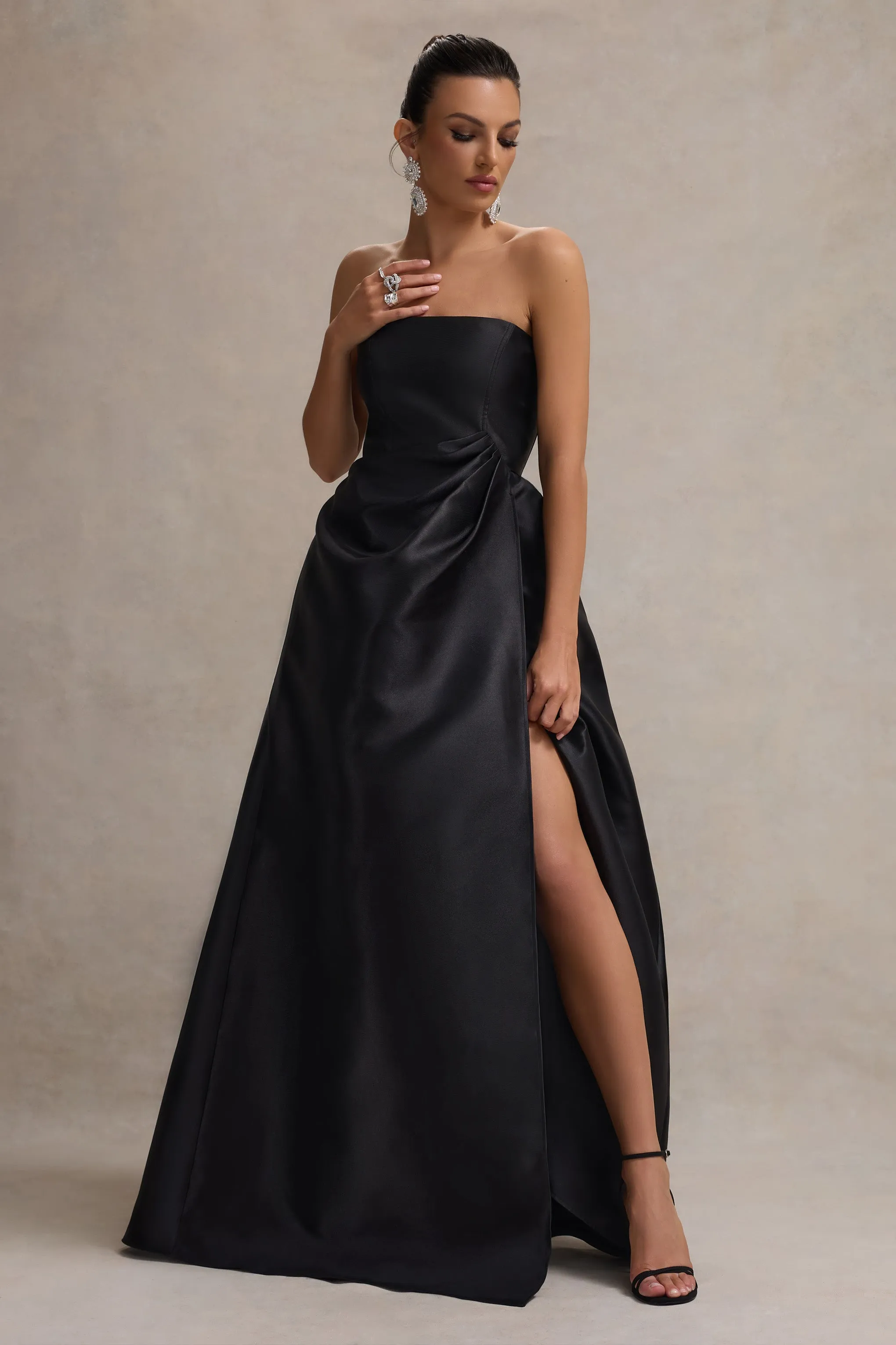 Universe | Black Bandeau Puff-Skirt Split Maxi Dress