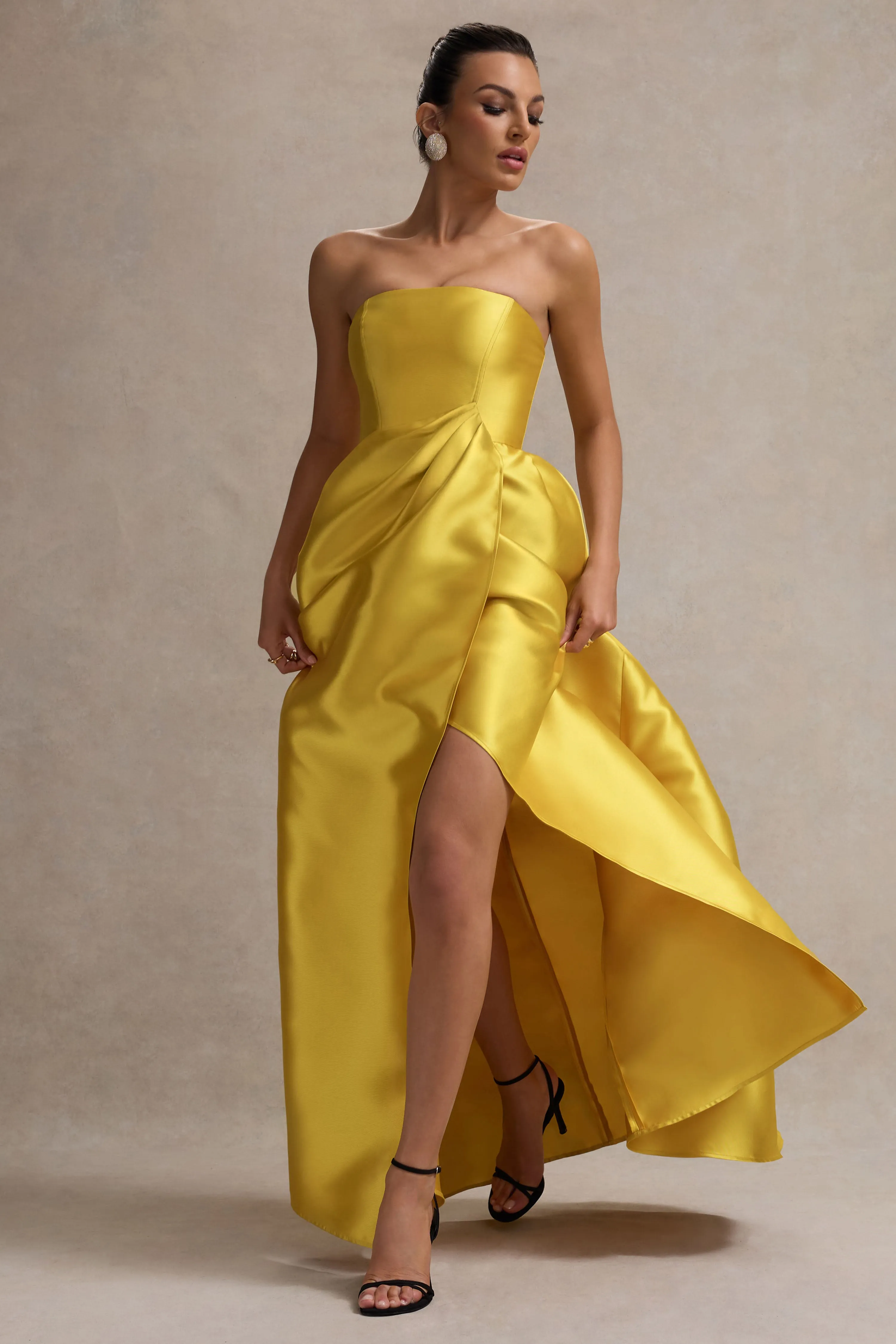 Universe | Mustard Bandeau Split Puff-Skirt Maxi Dress