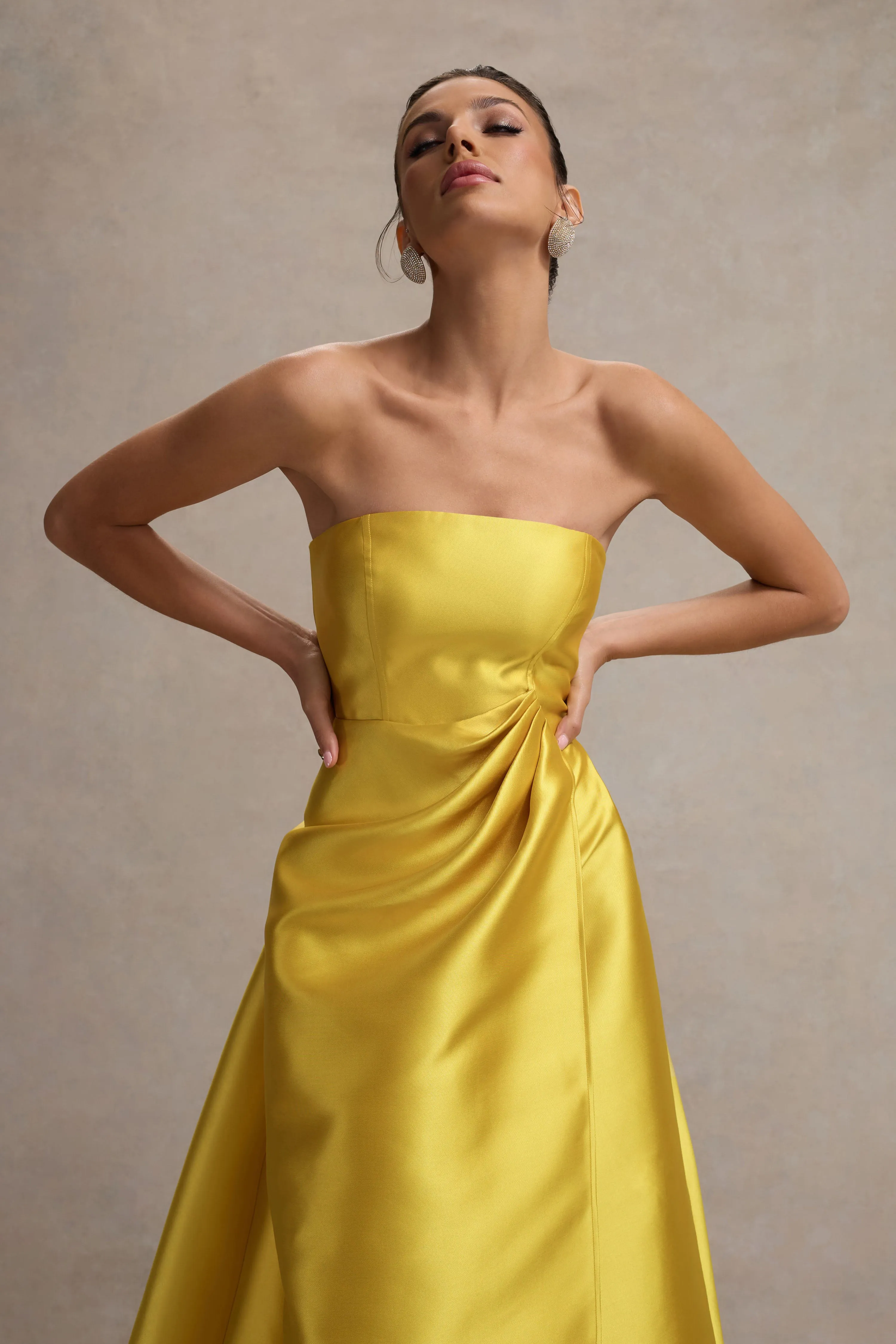 Universe | Mustard Bandeau Split Puff-Skirt Maxi Dress