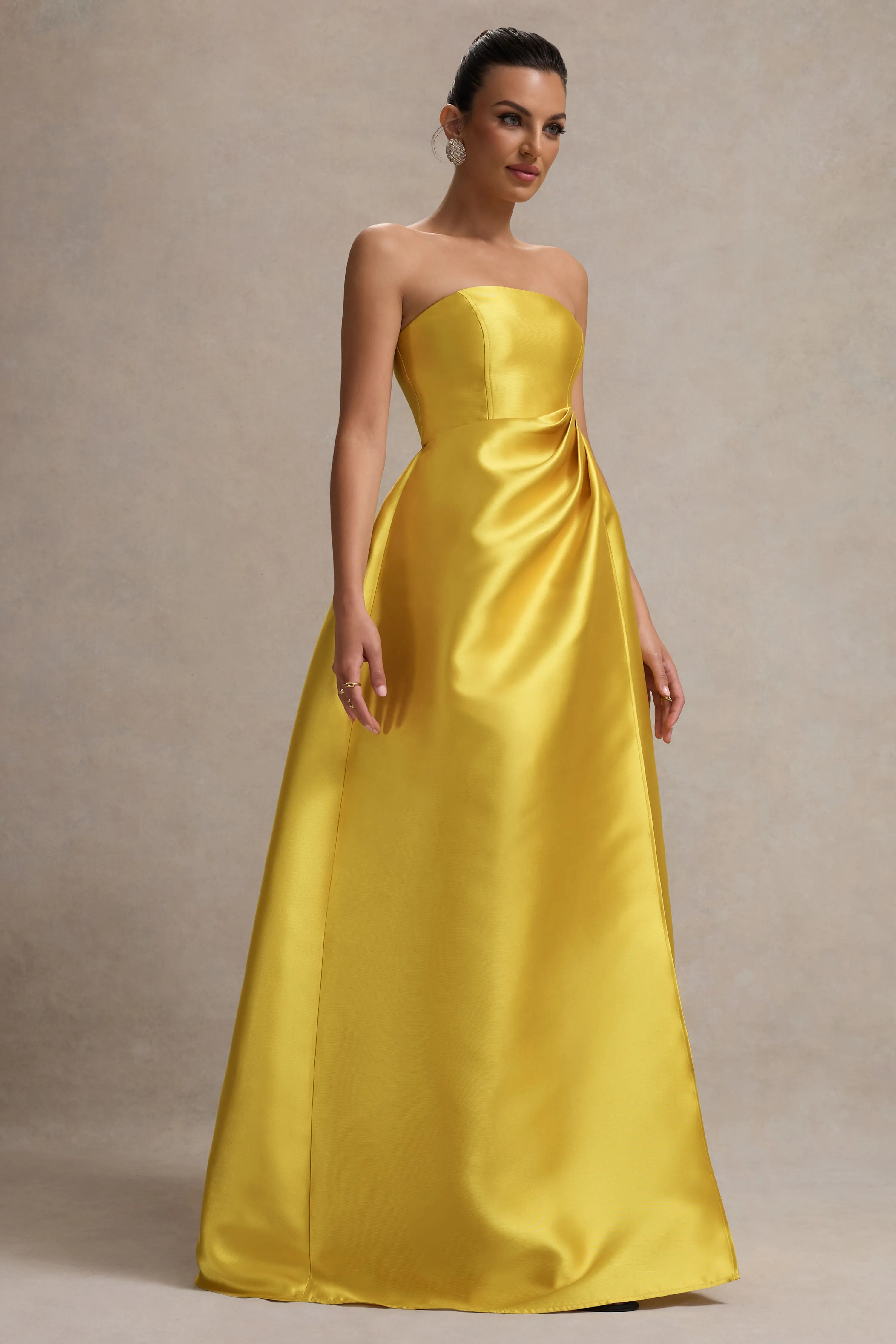 Universe | Mustard Bandeau Split Puff-Skirt Maxi Dress