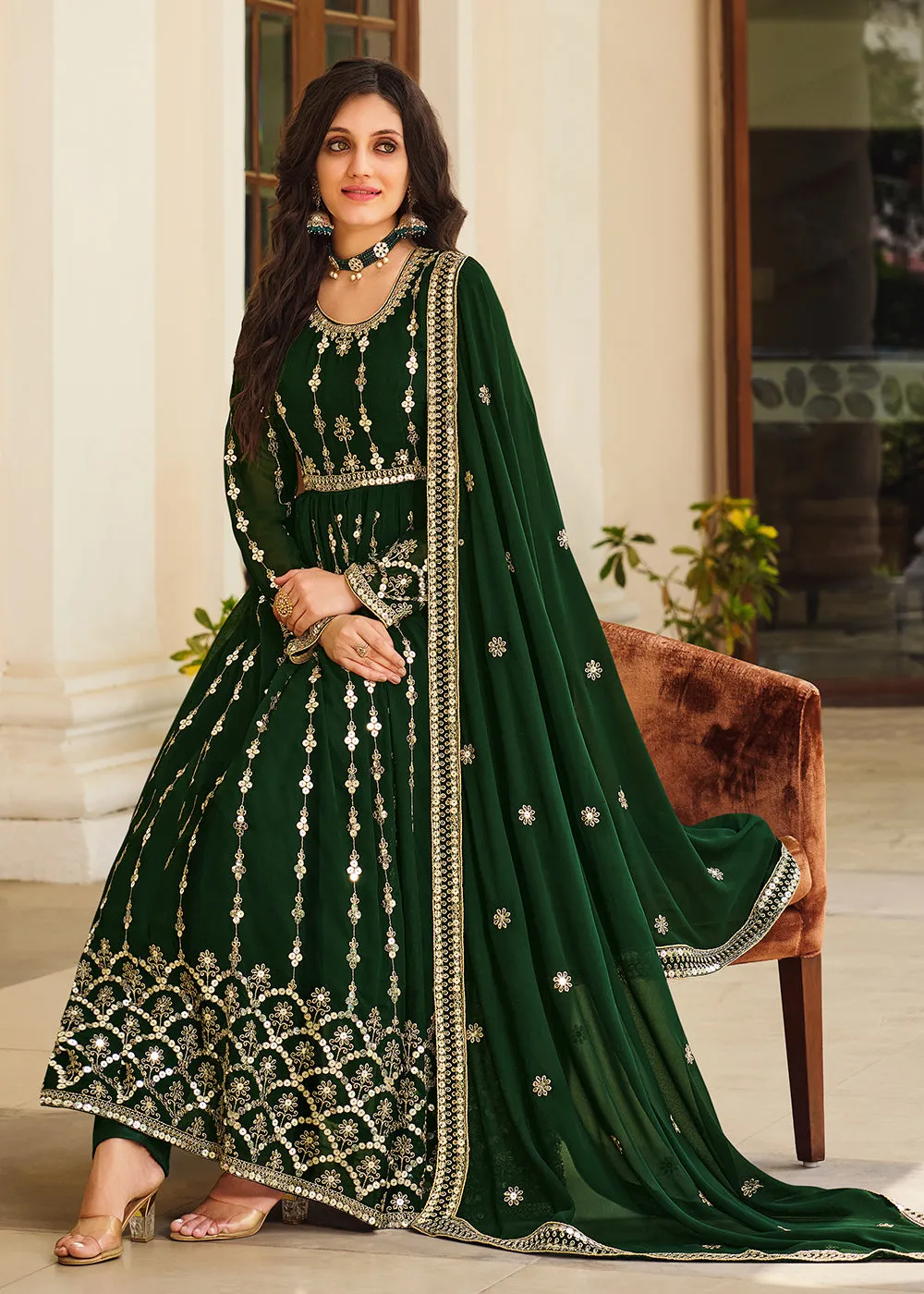 Vintage Dark Green Sequins Wedding Pant Style Anarkali