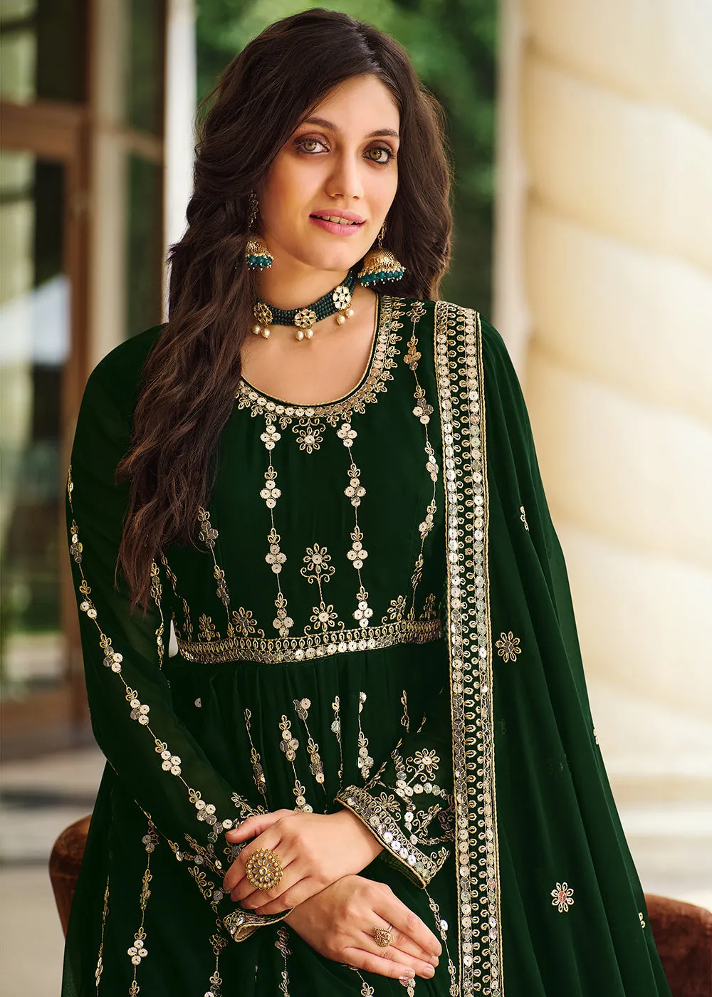 Vintage Dark Green Sequins Wedding Pant Style Anarkali