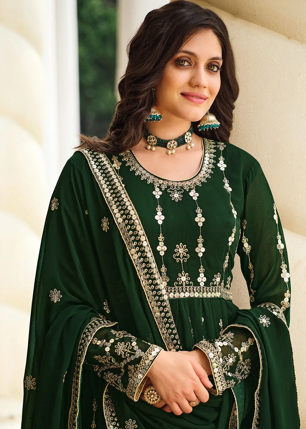 Vintage Dark Green Sequins Wedding Pant Style Anarkali