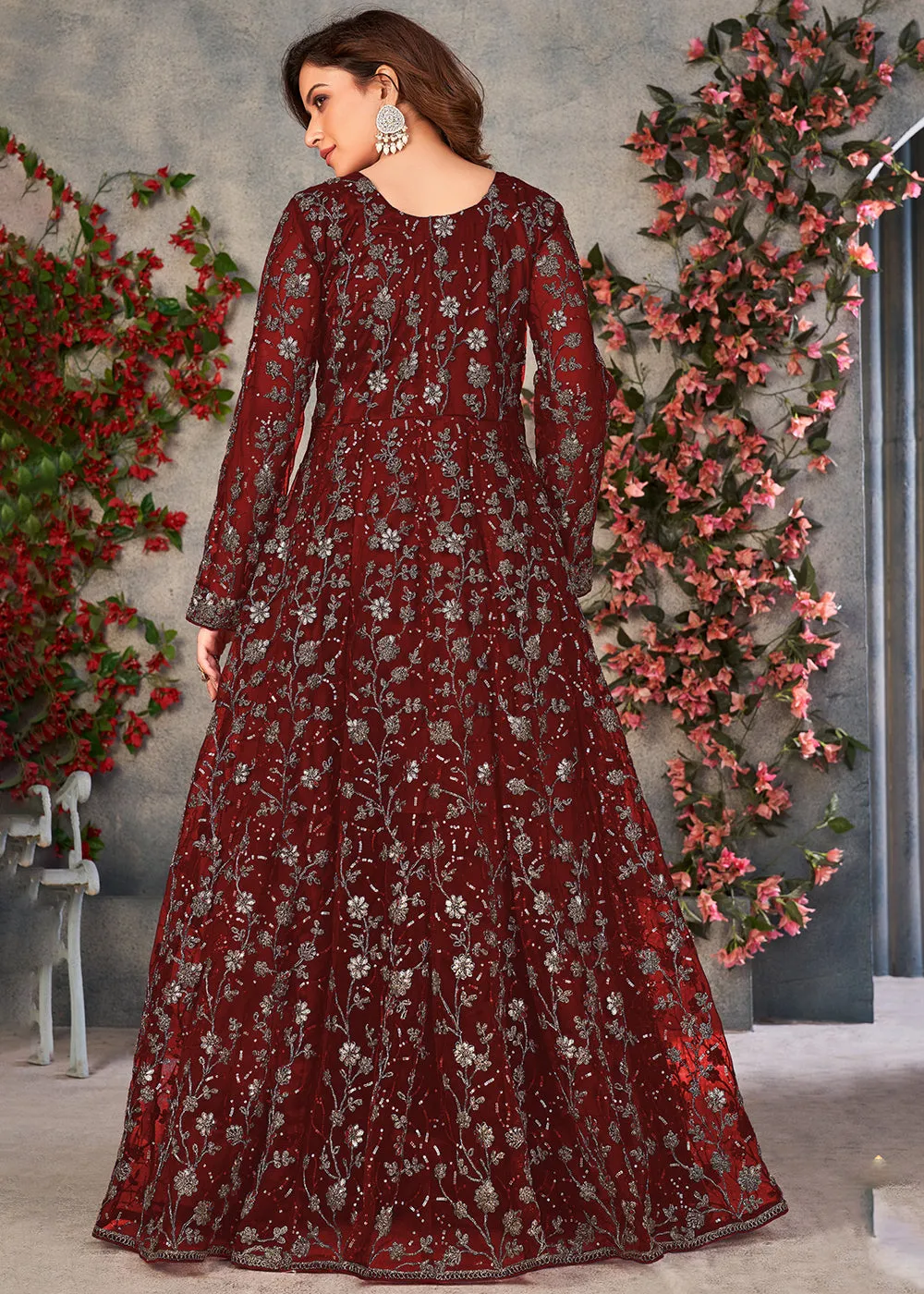 Vintage Maroon Wedding Function Pant Style Anarkali Suit