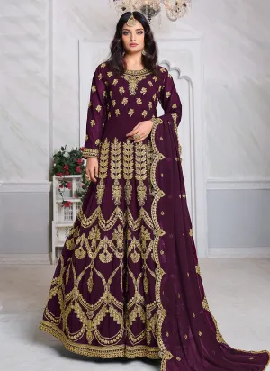 Wine Abaya Style Embroidered Anarkali Suit