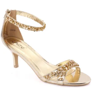 Women “TILLY” Decorated Ankle Strap Embellished Open Toe Strap Kitten Heel Sandals