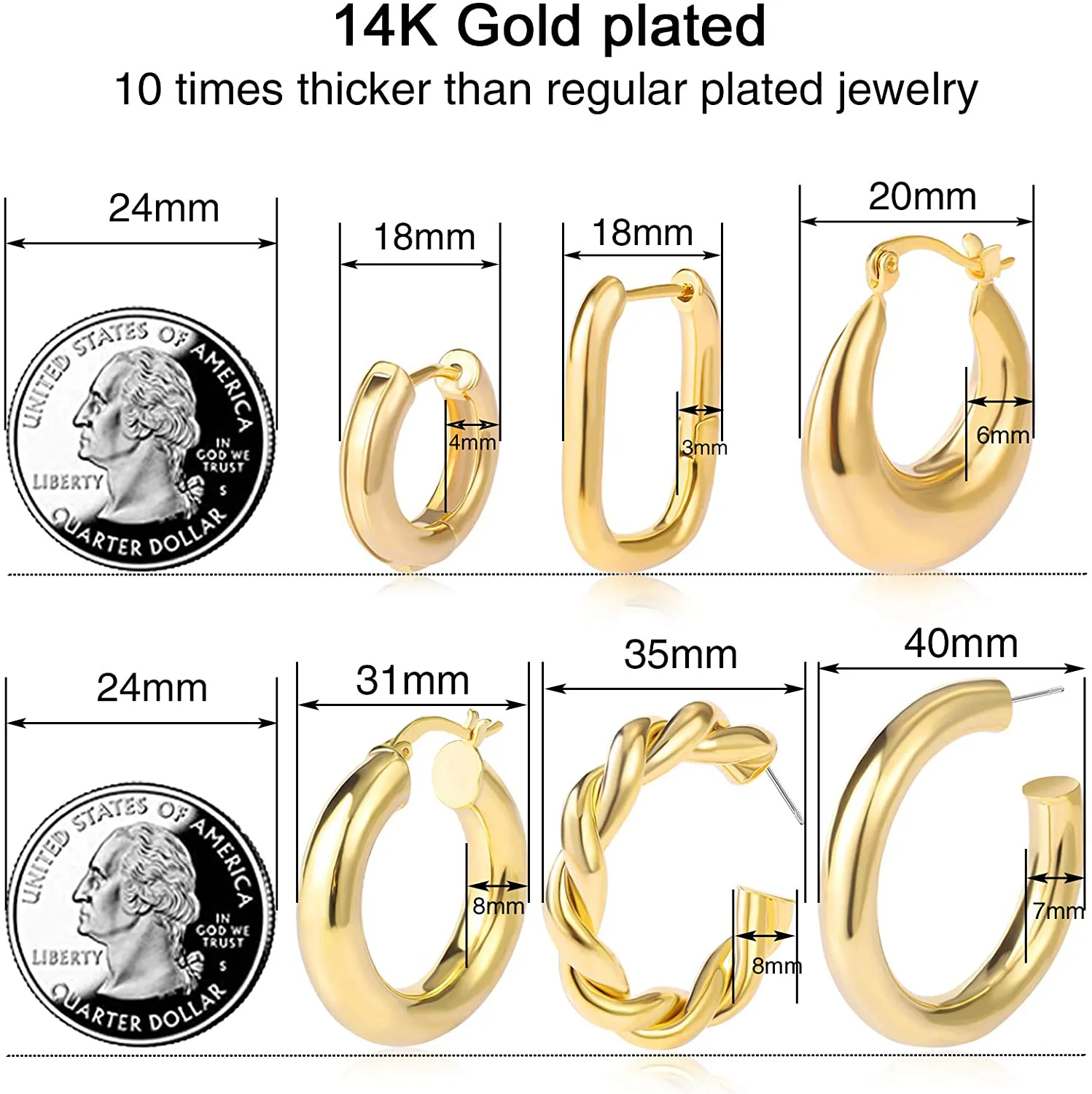 Women's 6 Pair Gold Chunky Hoop Earrings Set Hypoallergenic