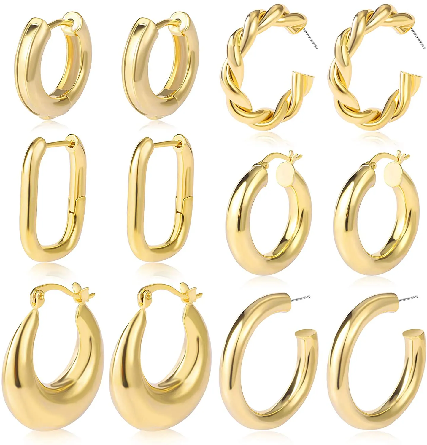 Women's 6 Pair Gold Chunky Hoop Earrings Set Hypoallergenic