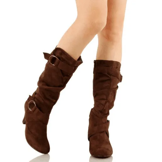 Women's faux suede slouch boots medium heels mid calf boots with buckle straps