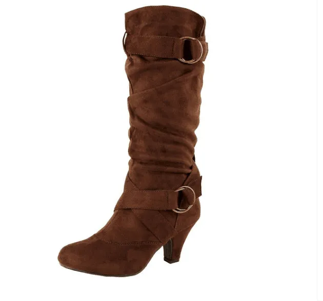 Women's faux suede slouch boots medium heels mid calf boots with buckle straps