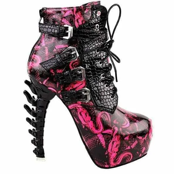 Womens Pink Stardust Bone Heel Buckle Ankle Boots