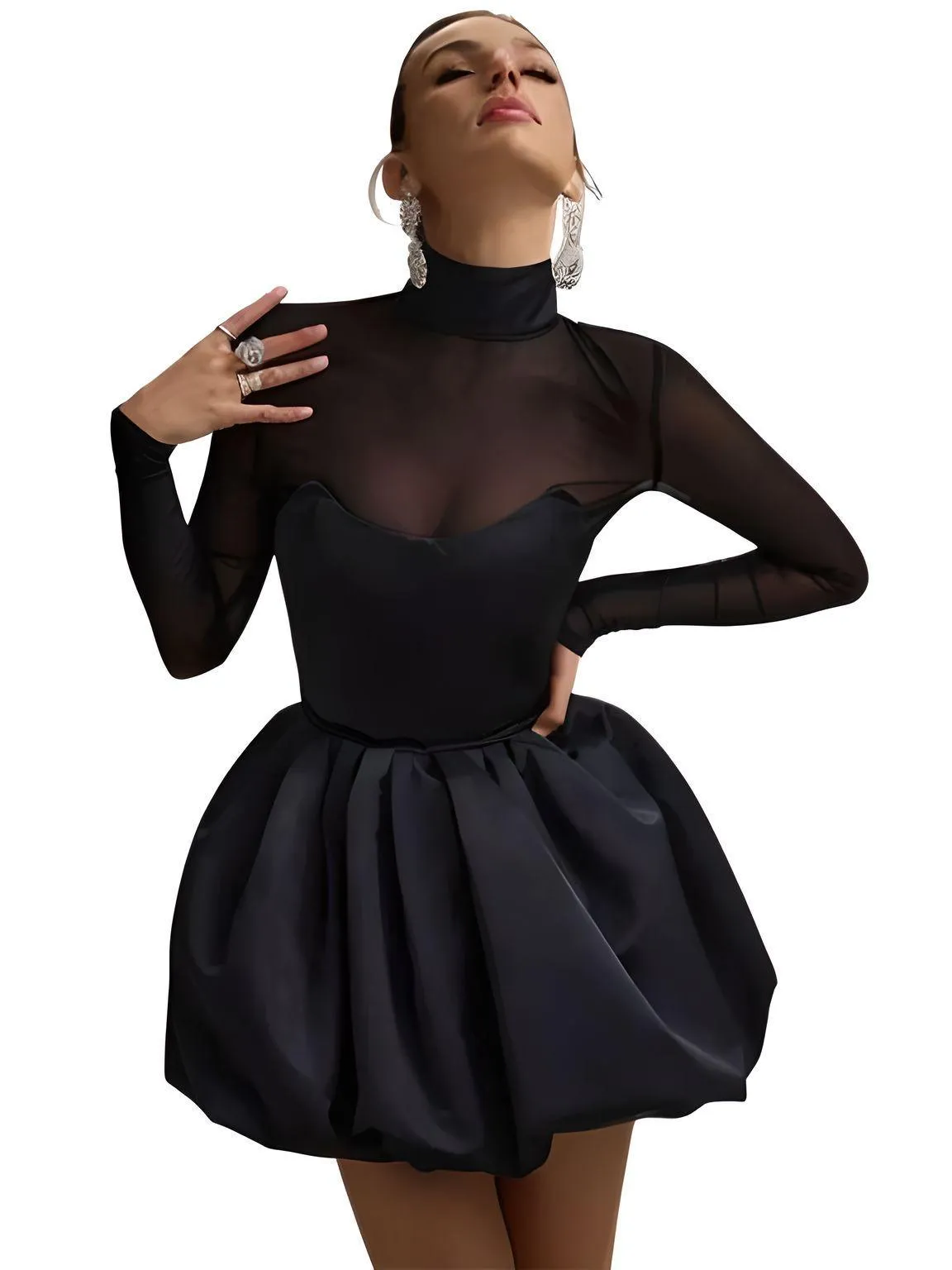 Women's Turtleneck Sexy Sheer Long Sleeve Black Mini Dress See Through High Waist A-line Club Party Dress Elegant