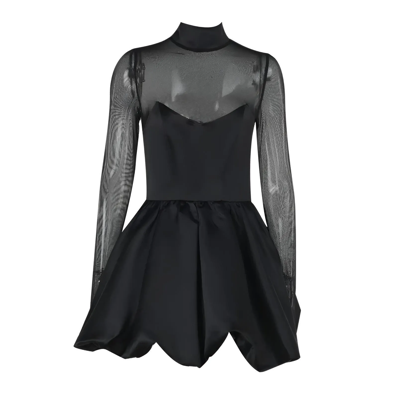 Women's Turtleneck Sexy Sheer Long Sleeve Black Mini Dress See Through High Waist A-line Club Party Dress Elegant