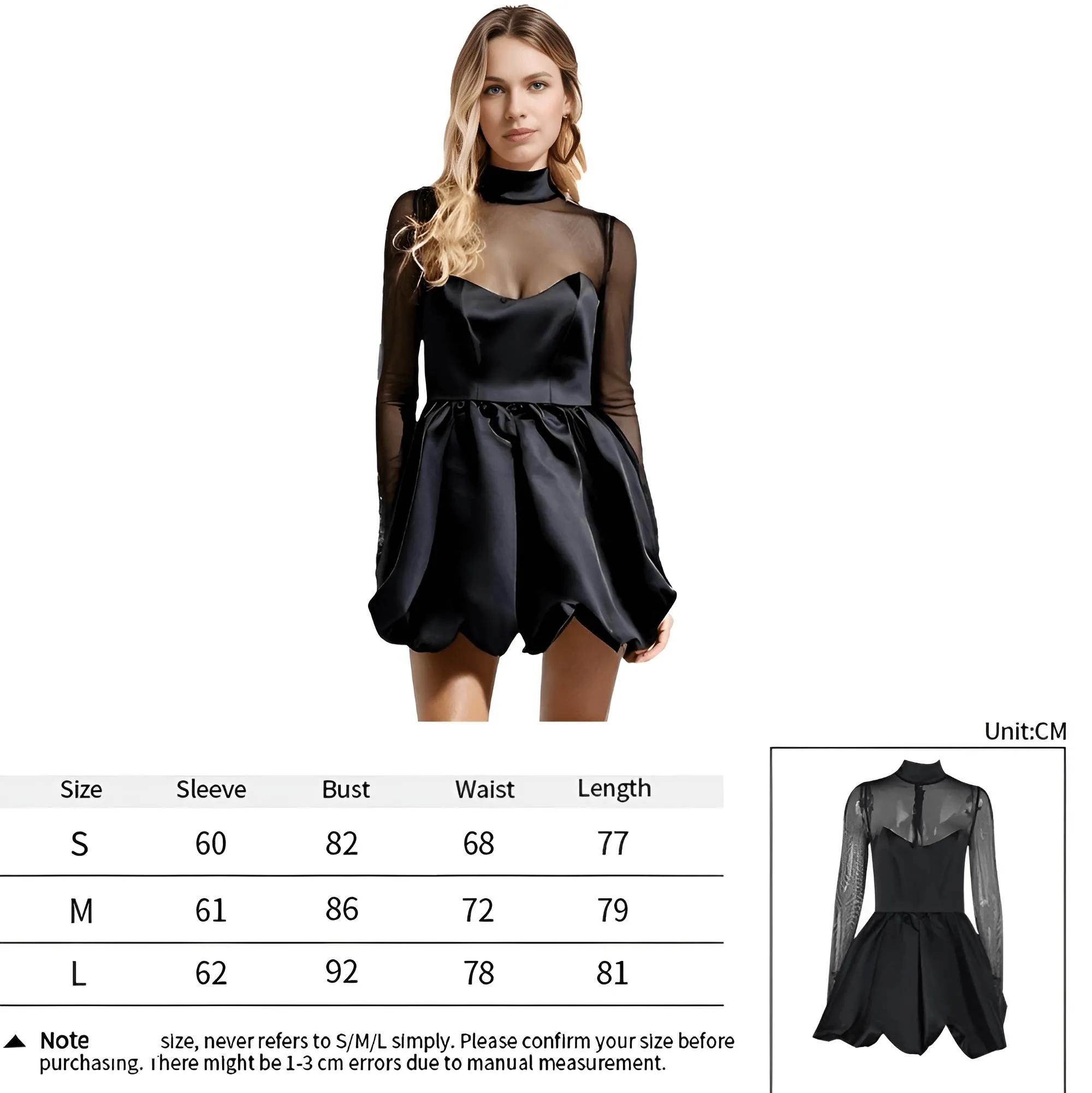 Women's Turtleneck Sexy Sheer Long Sleeve Black Mini Dress See Through High Waist A-line Club Party Dress Elegant