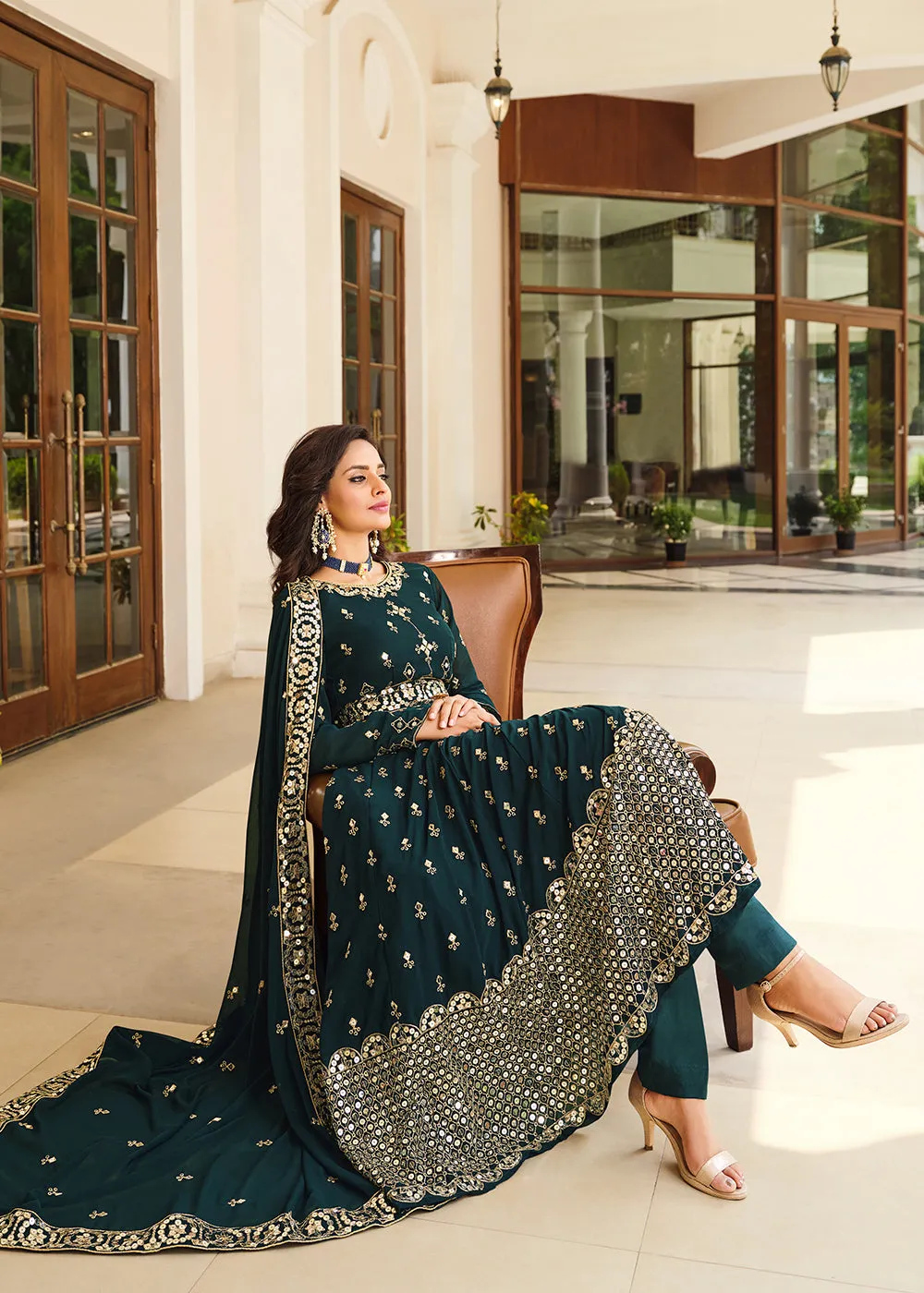 Wondrous Teal Blue Sequins Wedding Pant Style Anarkali