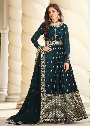 Wondrous Teal Blue Sequins Wedding Pant Style Anarkali