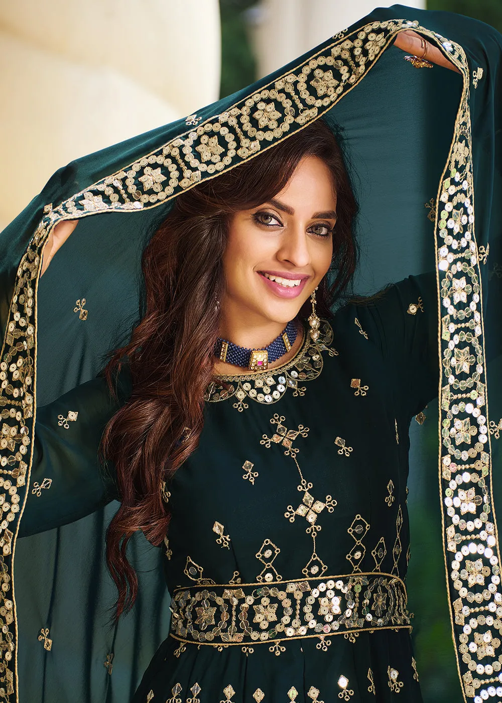 Wondrous Teal Blue Sequins Wedding Pant Style Anarkali