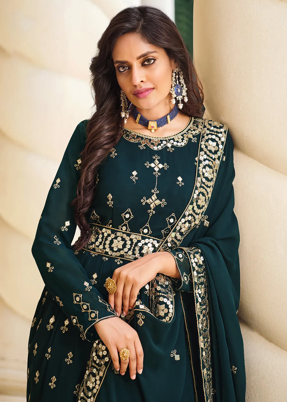 Wondrous Teal Blue Sequins Wedding Pant Style Anarkali