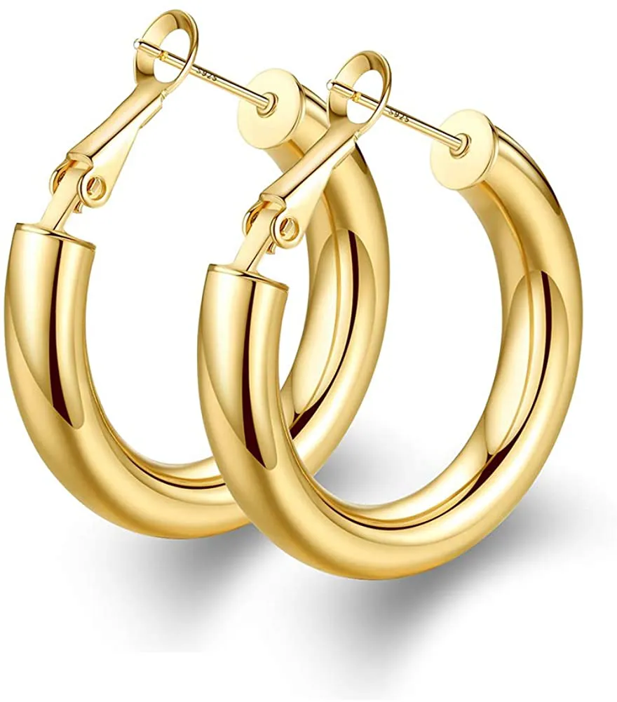 wowshow Thick Hoop Earrings Howllow 14K Gold Plated Gold Hoops for Women