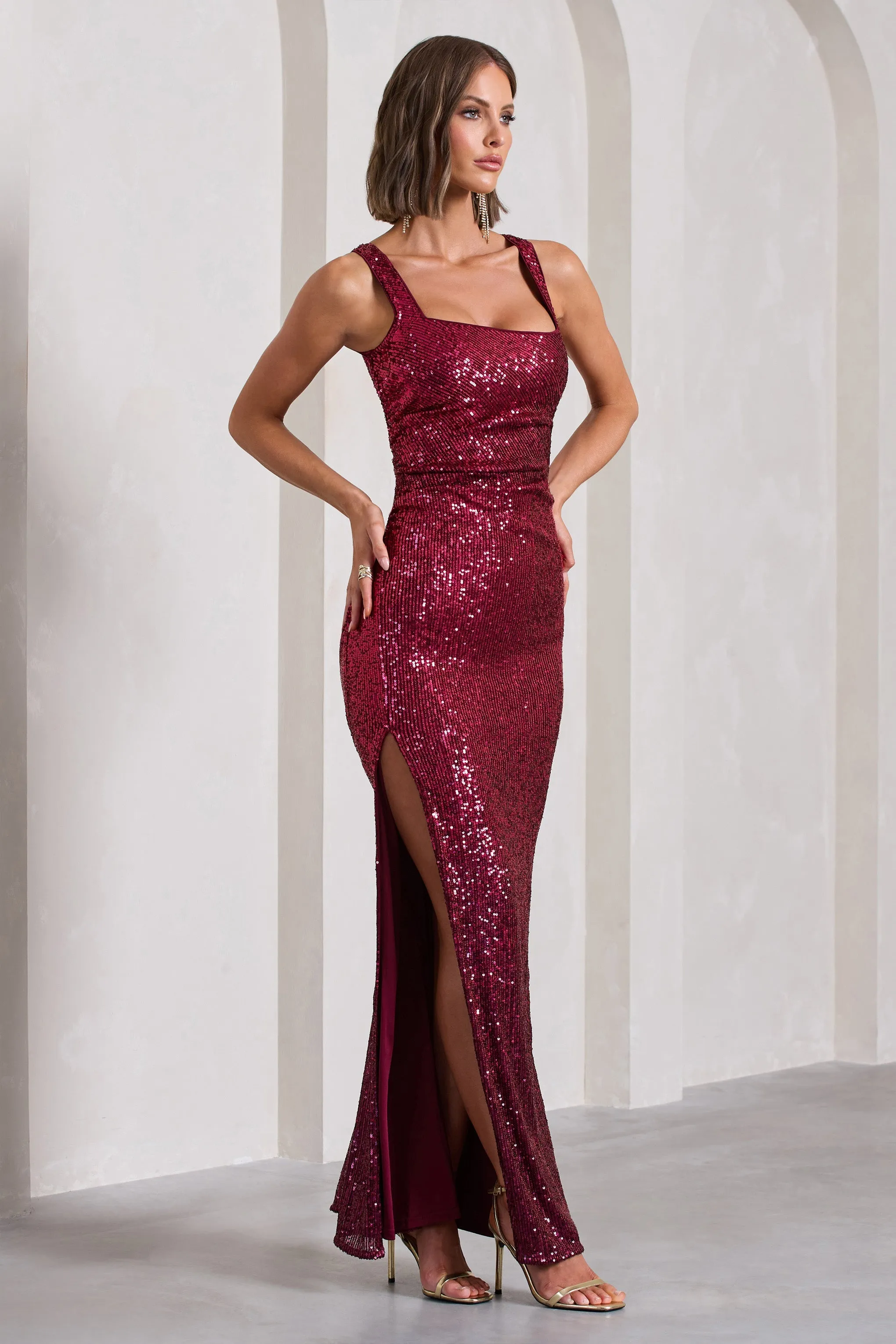 Yvonne | Plum Sequin Open-Back Bodycon Maxi Dress