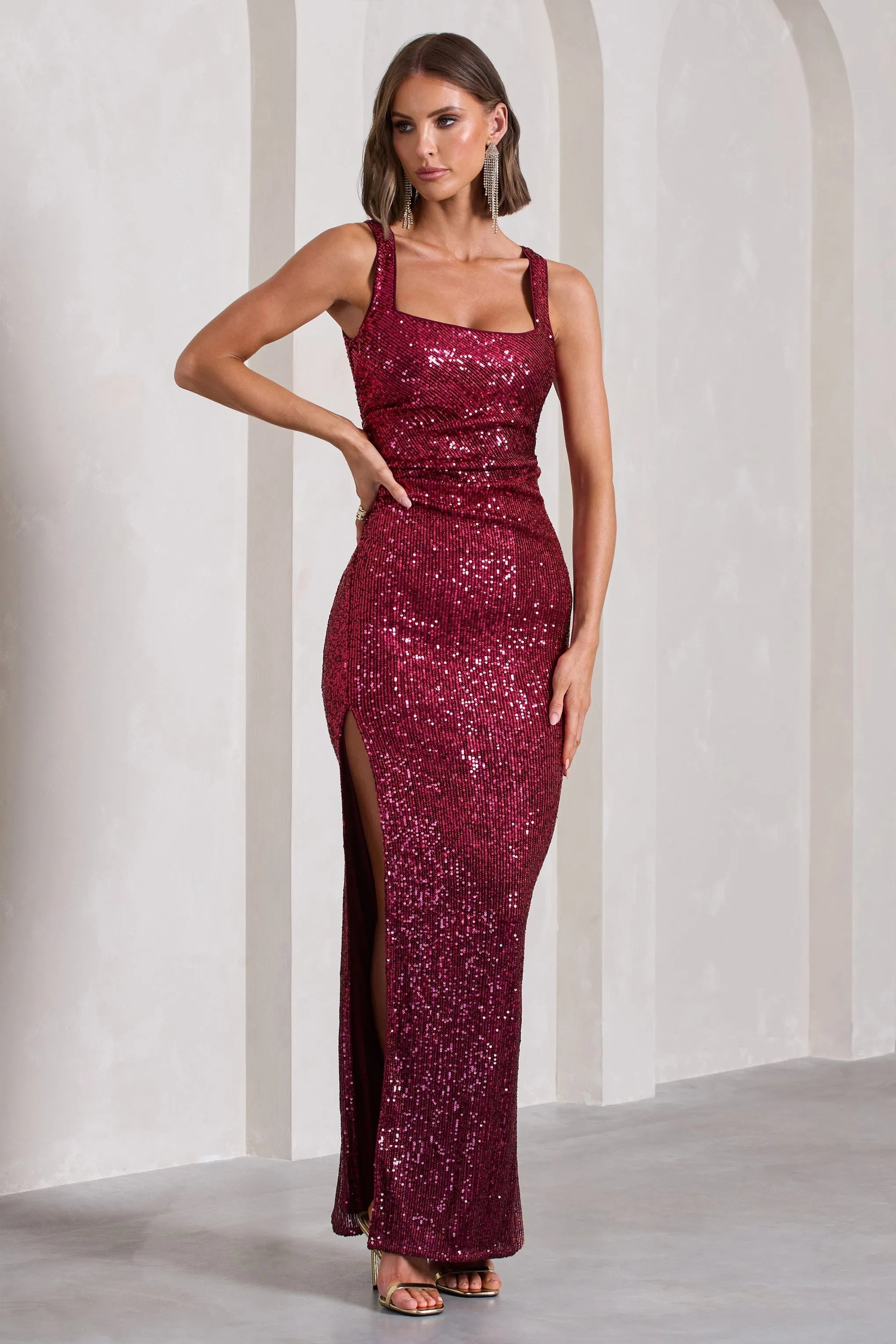 Yvonne | Plum Sequin Open-Back Bodycon Maxi Dress